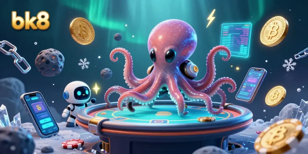 Engage in the vibrant bk8 casino scene featuring a holographic poker table alongside alien characters offering immersive gaming experiences