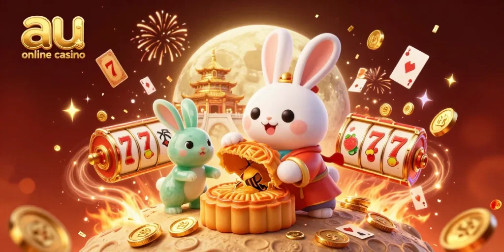 Experience the thrill of au online casino with a lively illustration of a moon rabbit amidst slots and poker chips.