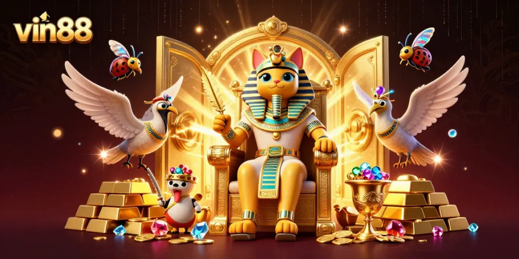 Experience the excitement of vin88, featuring a pharaoh cat, treasure vaults, and jewels in vibrant 3D.