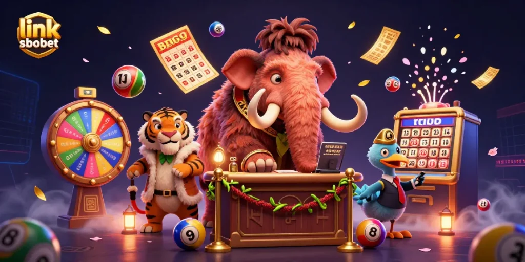 Experience vibrant action with link sbobet in this cartoon casino scene filled with dynamic lottery elements.