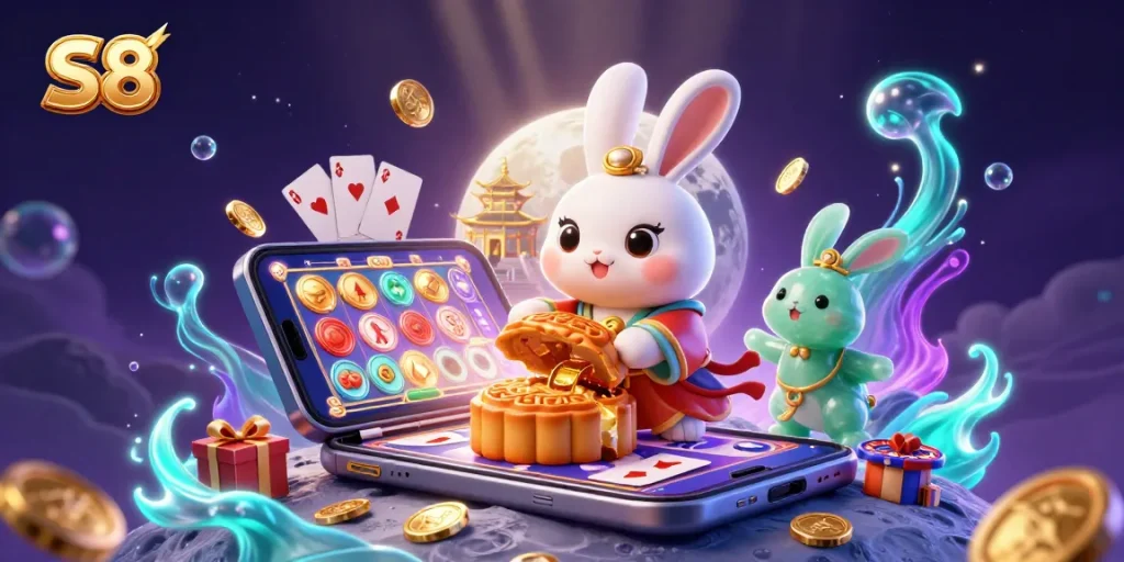 S8 showcases a vibrant casino scene with a moon rabbit character, poker chips, and dazzling slot game elements.