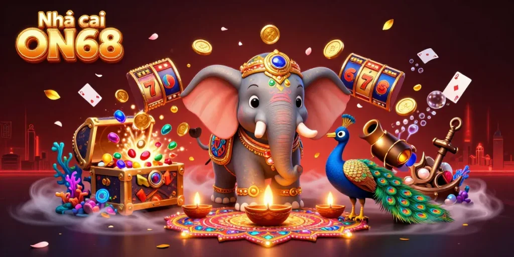 Experience the thrilling games at Nhà cái ON68, featuring colorful slot machines and vibrant casino elements.