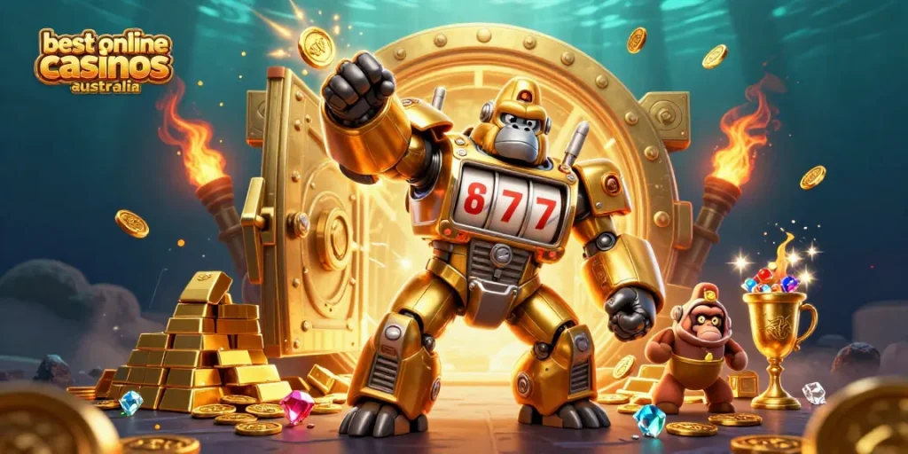 The best online casinos Australia showcased with a dynamic golden gorilla mech, slot reels, and explosive coins.