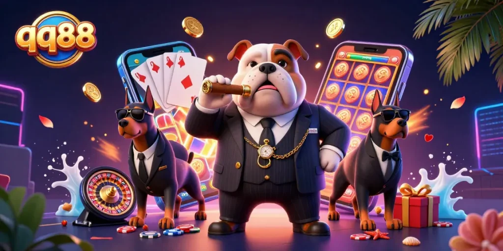 Experience thrilling gaming with qq88's colorful slots and engaging characters in a dynamic casino scene.