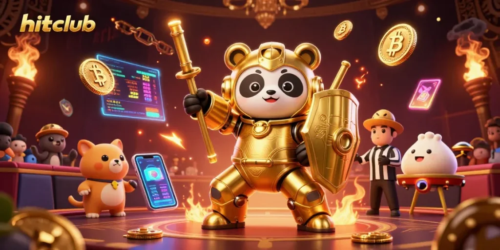 Hitclub offers an exciting 3D casino experience with a golden panda piloting a robot in a vibrant arena!