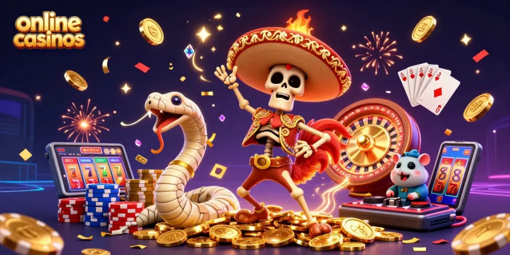Celebrate online casinos with vibrant characters dancing on coins and casino elements.