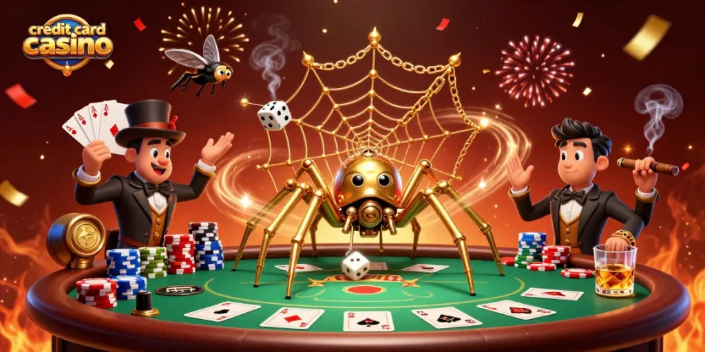 Experience the thrill at a credit card casino with 3D steampunk characters and vibrant card game action.