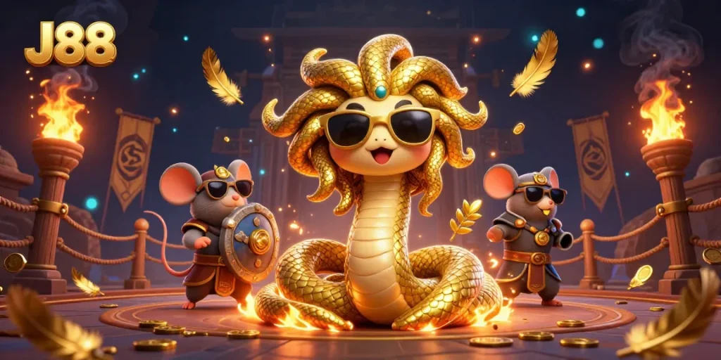 Experience winning strategies at J88 with exciting casino games, golden coins, and vibrant 3D characters.