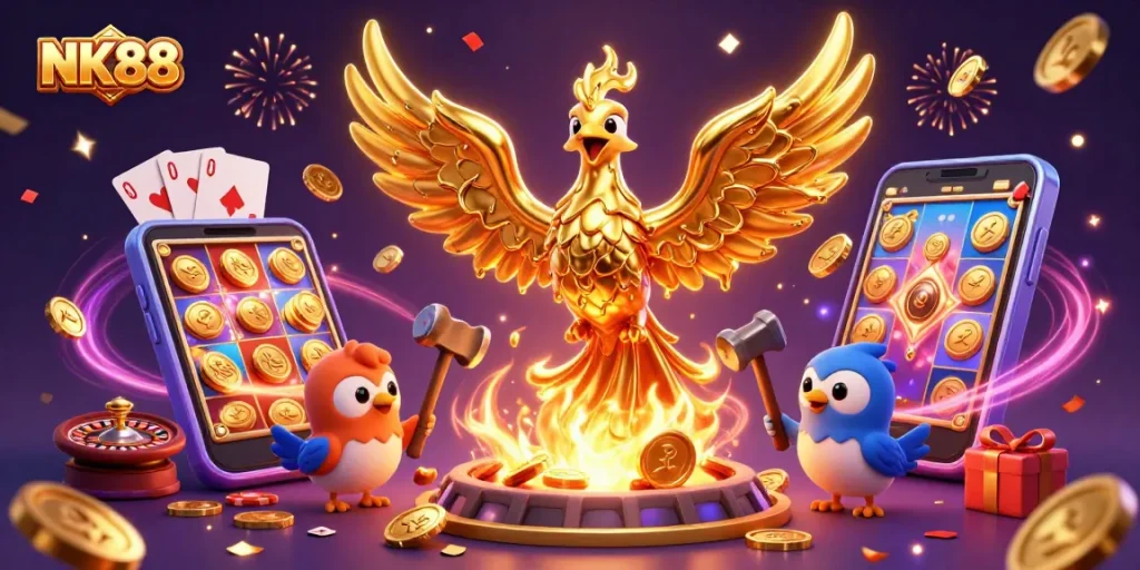 NK88 features an immersive casino scene with golden phoenix emerging from molten metal and vibrant gaming elements