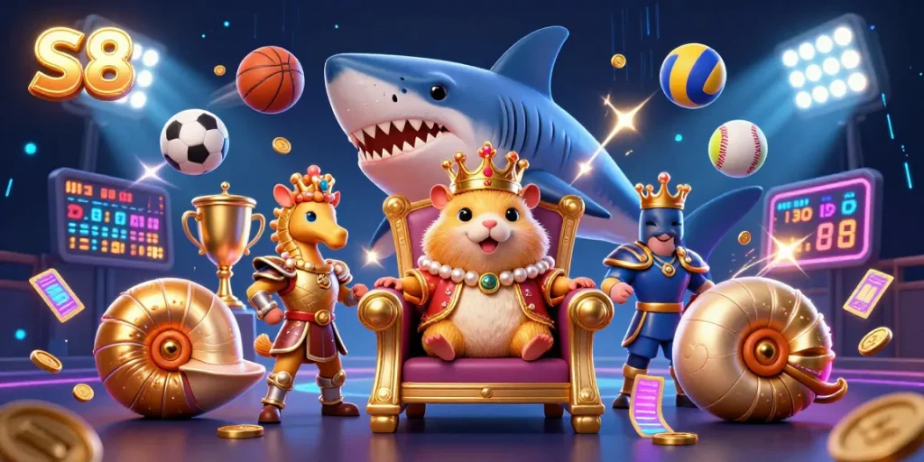 S8 sports betting scene featuring a golden hamster king surrounded by dynamic sports elements.