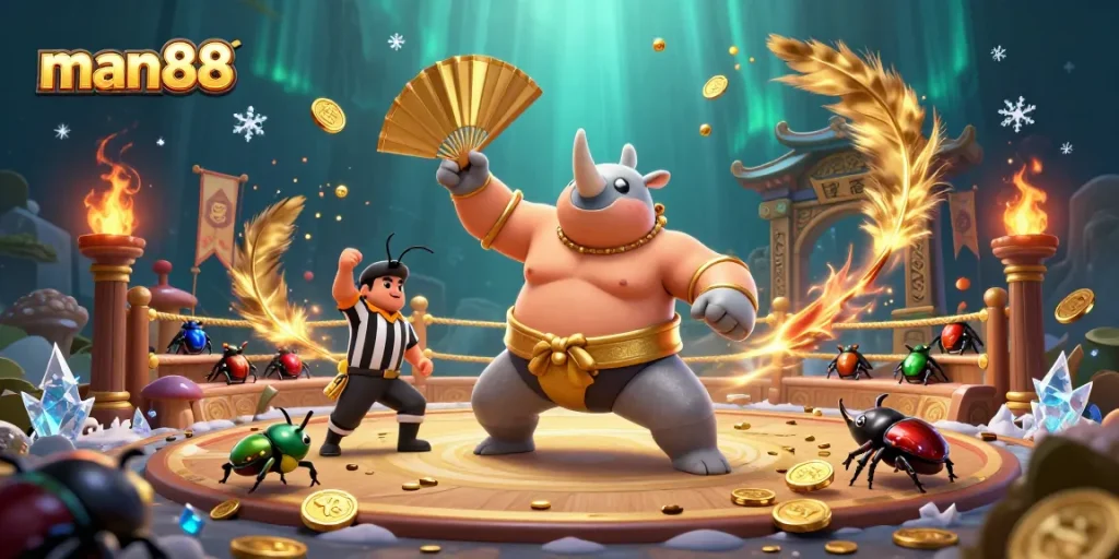 man88 betting action with a sumo beetle champion stomping coins amid a vibrant casino scene
