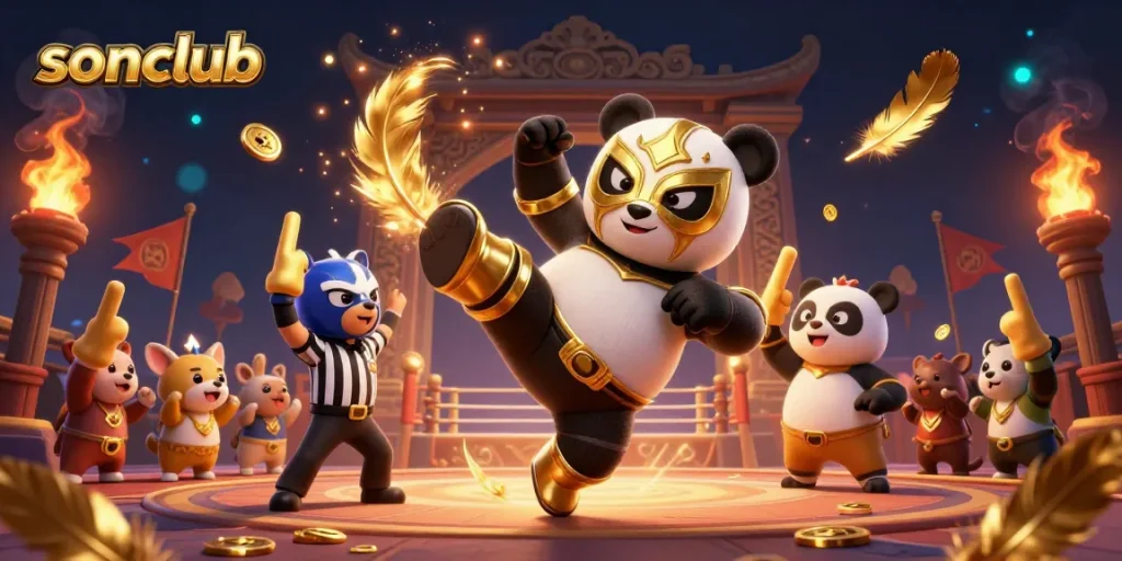 Engage in thrilling gameplay at sonclub with a dynamic scene featuring a wrestler panda in action.