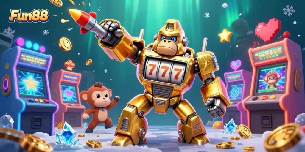 Experience thrilling gaming with Fun88's vibrant 3D casino illustration, highlighting slots and arcade elements.