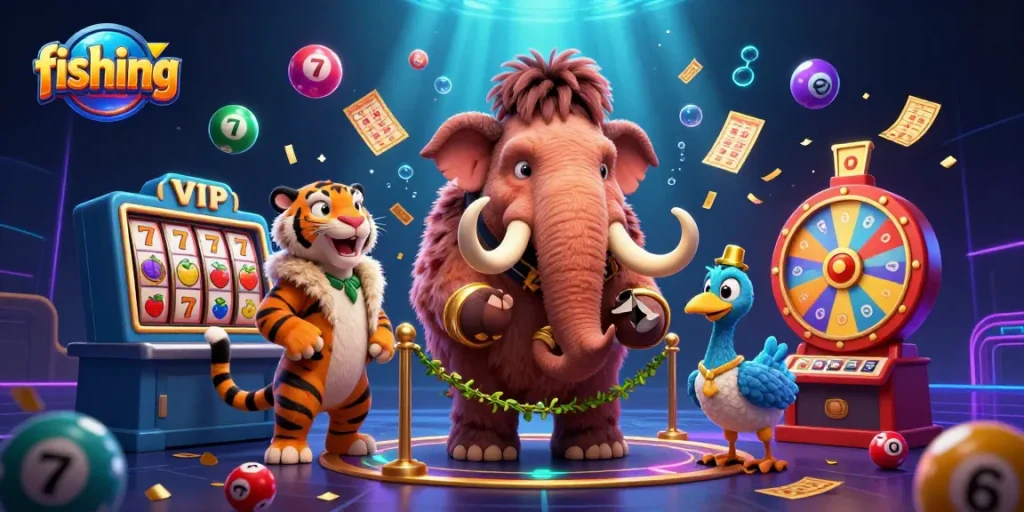 Fishing-themed casino scene with a woolly mammoth bouncer, saber-tooth guest, and lottery elements.