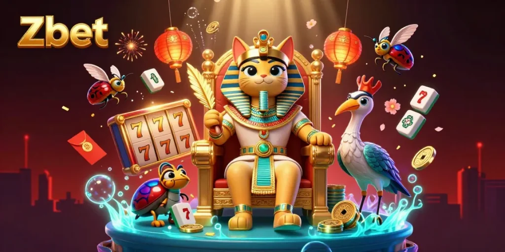 Zbet presents a vibrant scene of a pharaoh cat in a casino setting, surrounded by festive symbols.