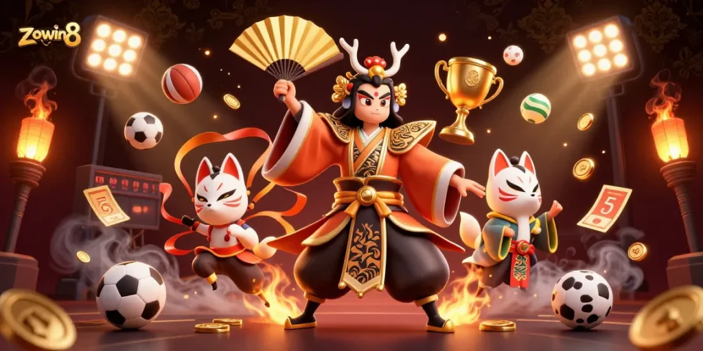 Zowin8 sports betting illustration showcasing an energetic kabuki warrior with sports elements.