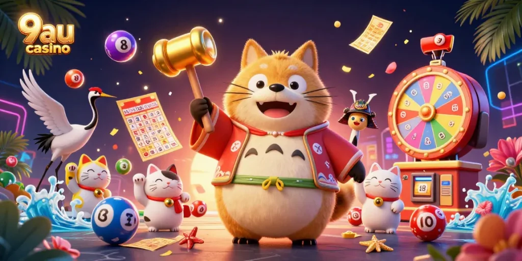 Experience 9au casino excitement with a dynamic celebration of luck and fortune in this vibrant illustration.