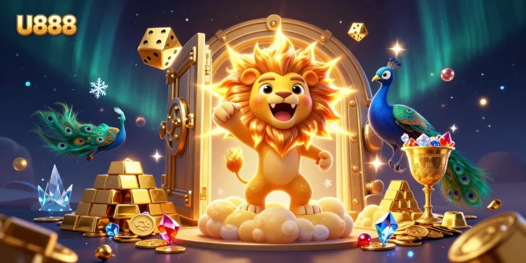 Win big with U888 in this vibrant illustration showing a roaring sun lion and golden treasure!