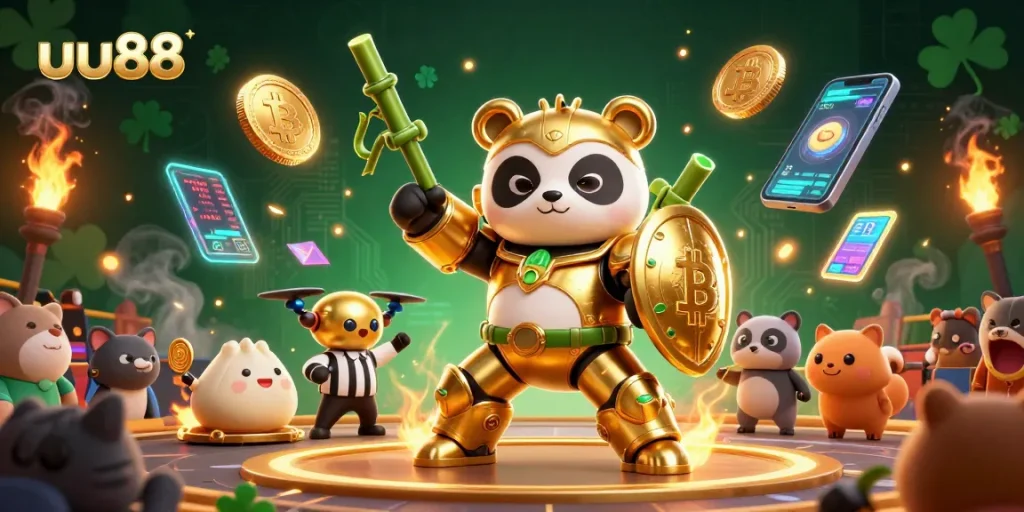 Experience the thrill of uu88 with a golden panda in a mech-suit battling for crypto wins!