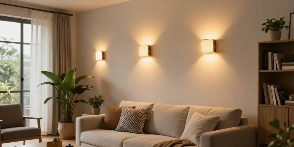 Aplica LED moderne instalate pe perete într-un living confortabil, iluminat cald și primitor.