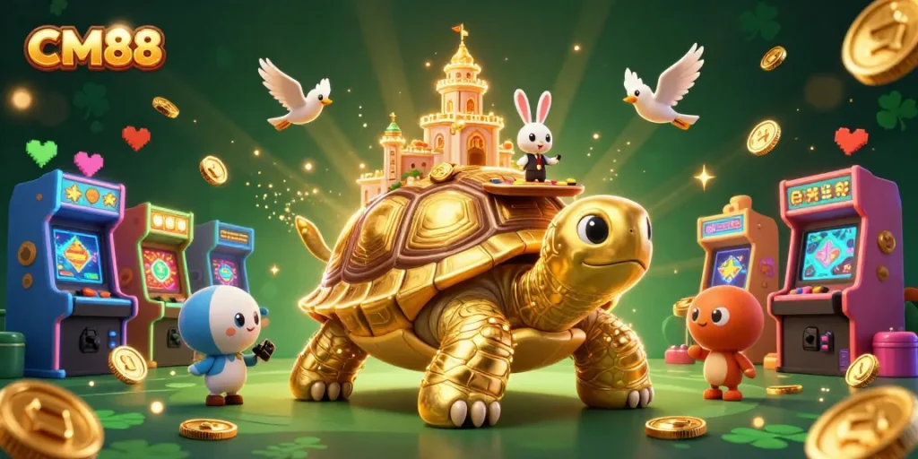 Experience the fun of gaming at CM88 with vibrant 3D casino art depicting playful characters and dynamic elements.