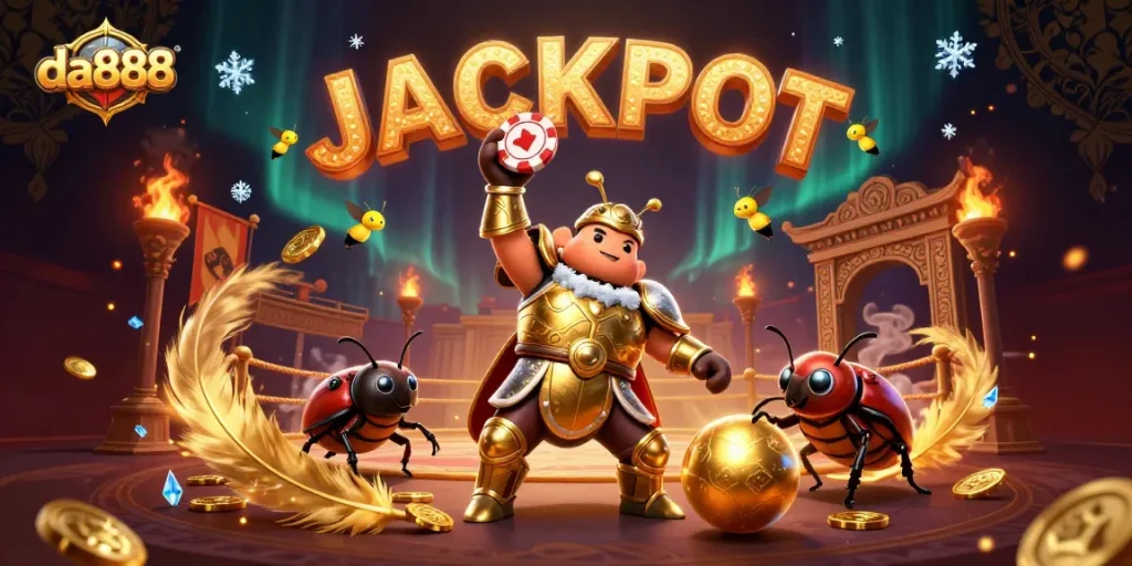 Join the da888 action with a 3D hercules beetle celebrating a casino jackpot victory!