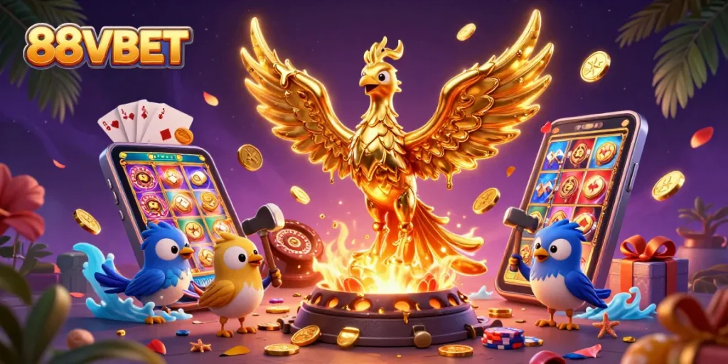 Experience the vibrant world of 88VBET with golden phoenix and casino elements illustrating excitement and opportunities.