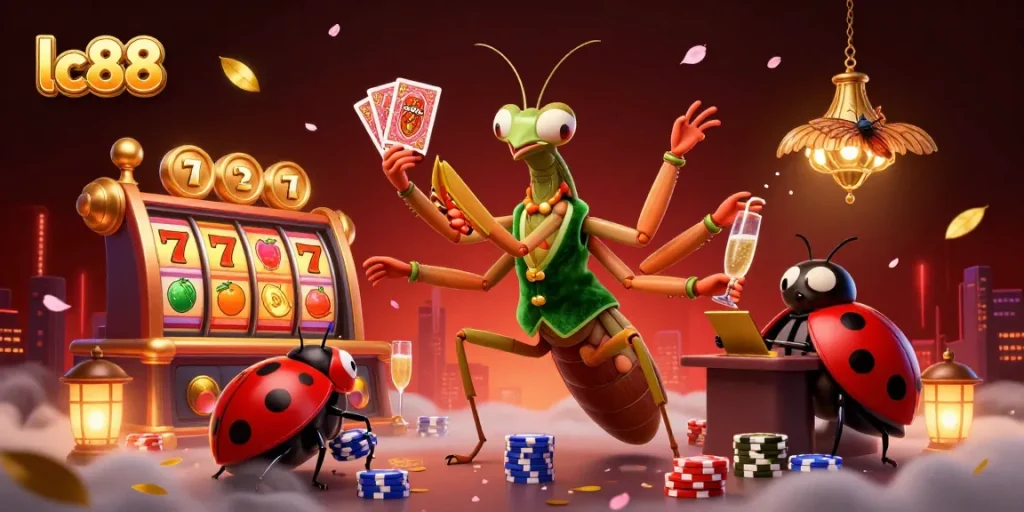 Experience dynamic gaming atmosphere with lc88's giant praying mantis and ladybug characters amid vibrant casino elements.