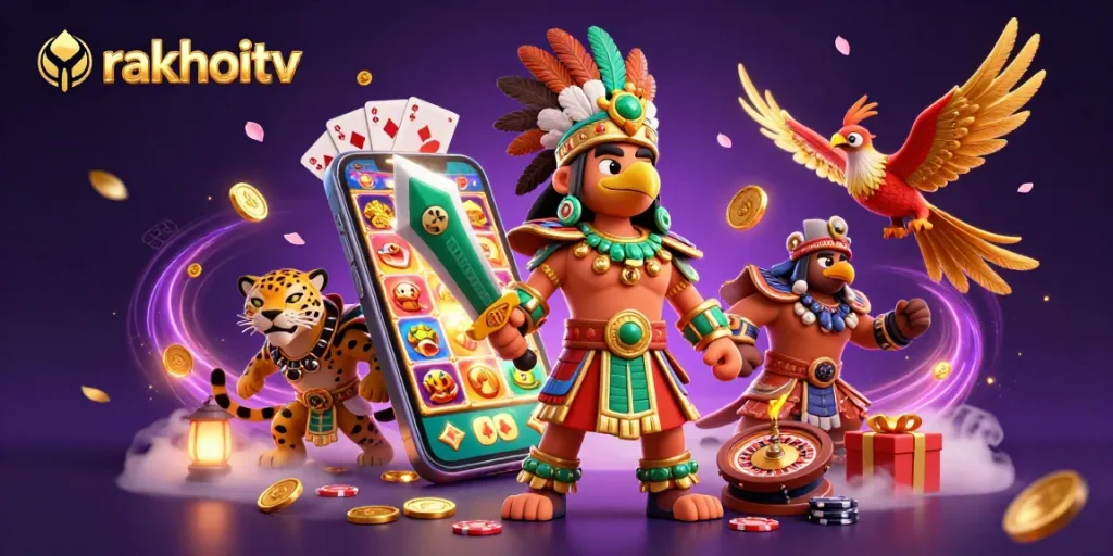 Engage with rakhoitv's vibrant gaming scene, featuring dynamic characters and colorful slot elements.