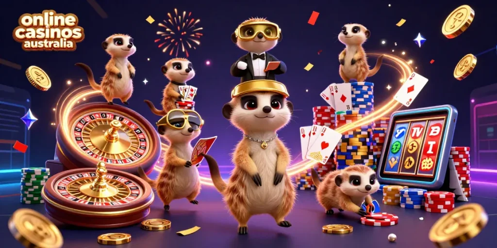 Experience vibrant online casinos Australia with meerkats managing casino games amidst sparkling gems and celebrations.