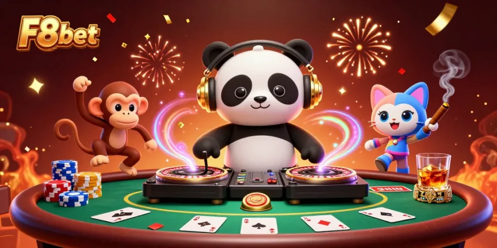 Experience energetic fun with F8bet in this vibrant casino-themed digital illustration featuring colorful characters and games.