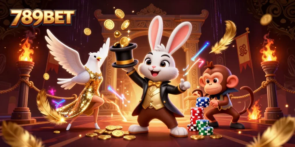 Experience the magical rewards at 789BET with a thrilling 3D gaming illustration of a magician rabbit and friends.