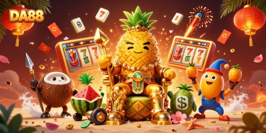 Experience the thrill of DA88 with a vibrant casino scene featuring our golden pineapple king.