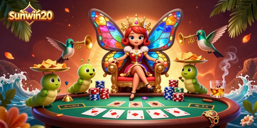 Experience sunwin20 with vibrant poker thrills, featuring colorful chips and a captivating butterfly queen.