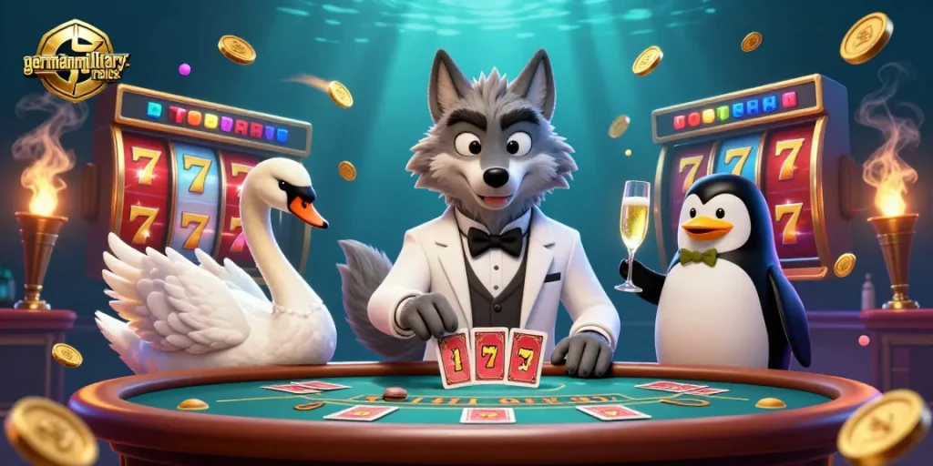 Engage with germanmilitaryrelics showcasing vibrant slot reels and dynamic characters in a luxurious casino environment.