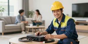 IPTV UK installation by trusted local serviceman in branded uniform, working at nearby home.