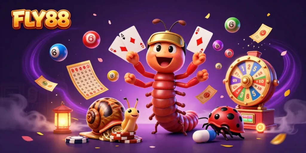 FLY88 brings excitement to a digital casino scene with vibrant characters and dynamic gaming elements.