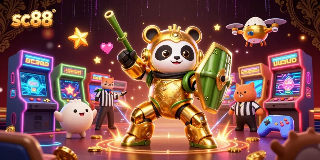 Join the action at sc88 with a 3D mech-suit panda battling in a vibrant casino arcade.