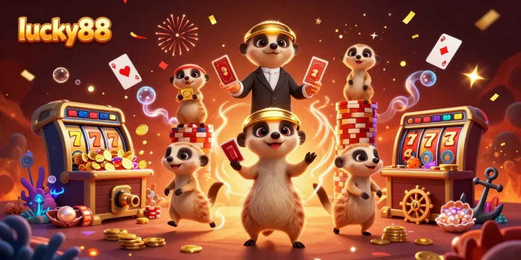 Immerse in the lucky88 casino action with playful meerkats managing slots and treasures.
