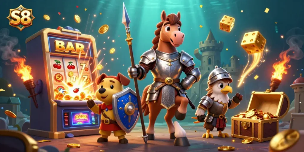 Experience thrilling jackpots at S8's fantastic casino with vibrant slot machines and charming characters.