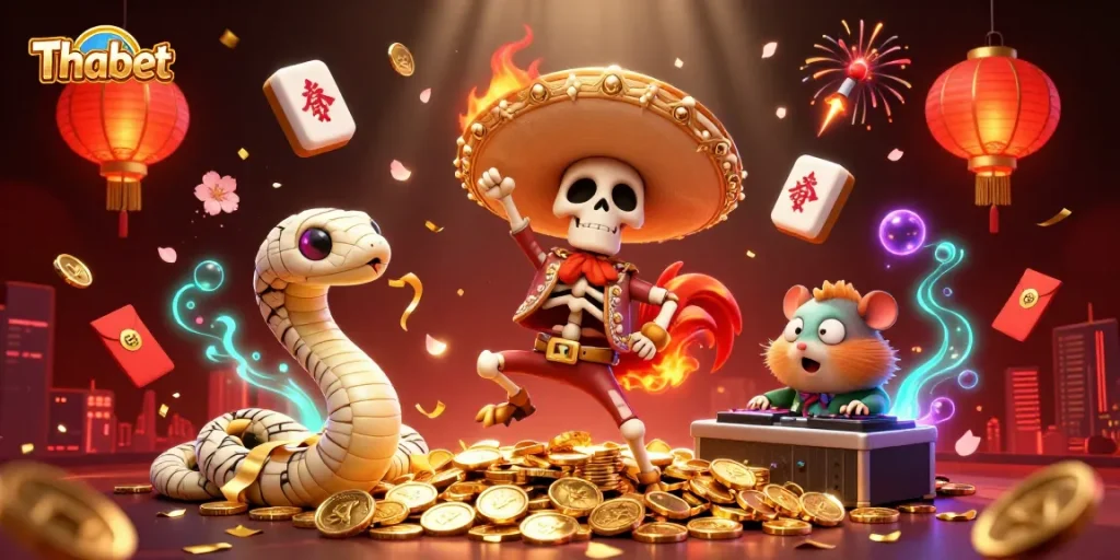 Experience Thabet's vibrant victory with a mariachi rooster, mummy snake, and DJ hamster in this colorful gaming illustration.