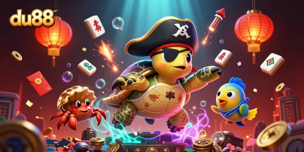 Engage with du88’s vibrant casino scene featuring a pirate turtle, crab, and fish among mahjong and treasure.