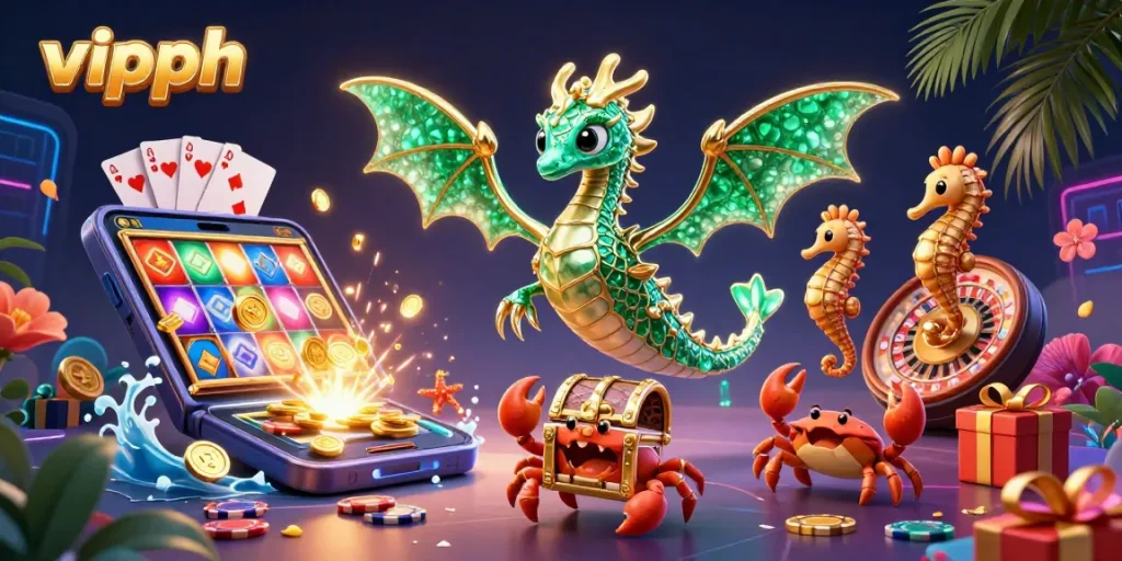 Experience thrilling gaming action with vipph featuring a vibrant sea dragon and slot game elements.