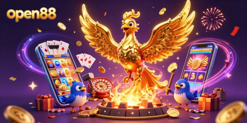 Experience the thrill of open88 with a magical golden phoenix and engaging gaming elements.