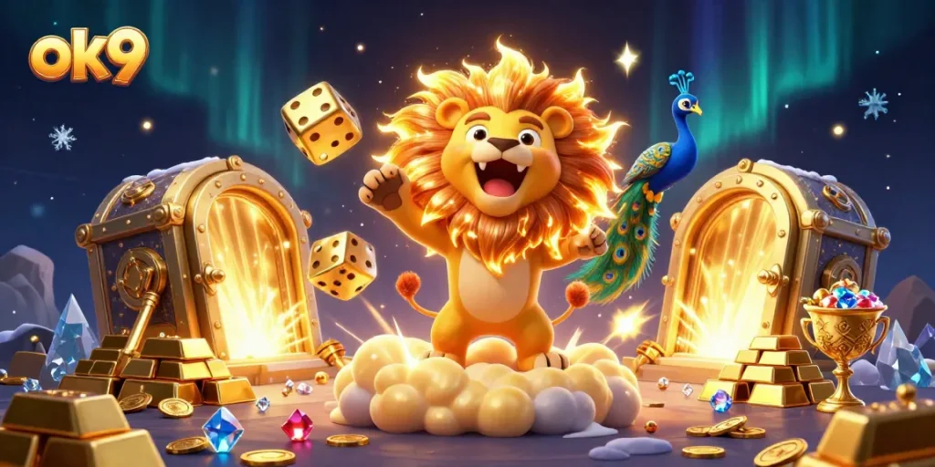 Experience thrilling wins with ok9's playful, vibrant 3D casino illustration featuring a majestic lion.