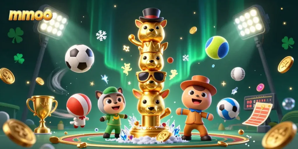Experience lively gameplay with mmoo's vibrant casino elements in a stunning 3D illustration.