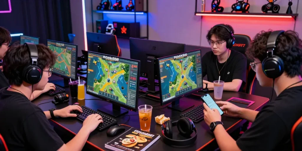 Players engaged in a thrilling rokok88 game session surrounded by gaming gear and snacks