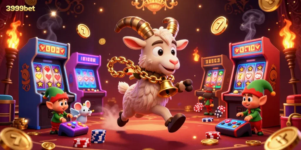 Engage in thrilling gameplay at 3999bet with a vibrant casino scene filled with Krampus and festive chaos.