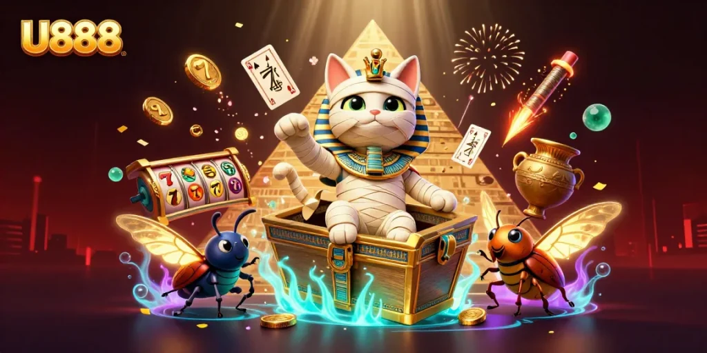 U888 players enjoy vibrant slots and casino games in a dynamic 3D illustration with Egyptian themes.