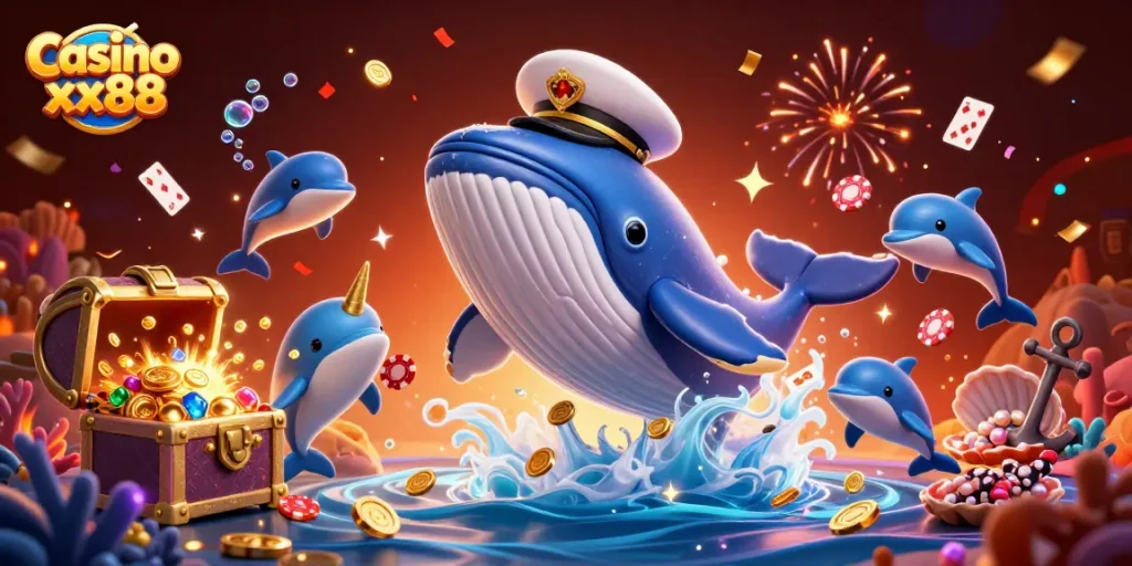 Join the excitement of Casino xx88 with a vibrant underwater adventure featuring playful whales and dolphins.